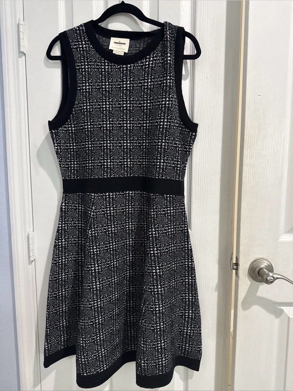Kate Spade XL Sweater Dress Black White Fit & Flare Plaid Knit Wool Blend NWOT